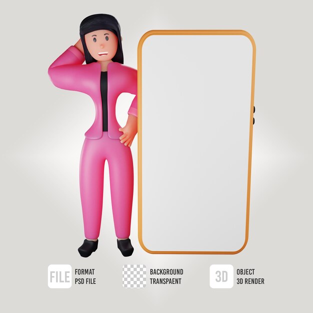 PSD 3d female business character thinking with hand phone icon 2