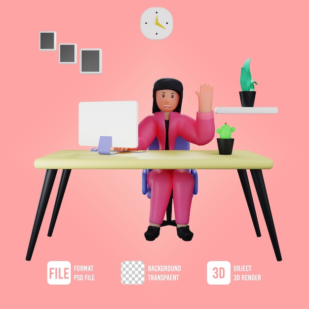 PSD 3d female business character waving hand pose in office room