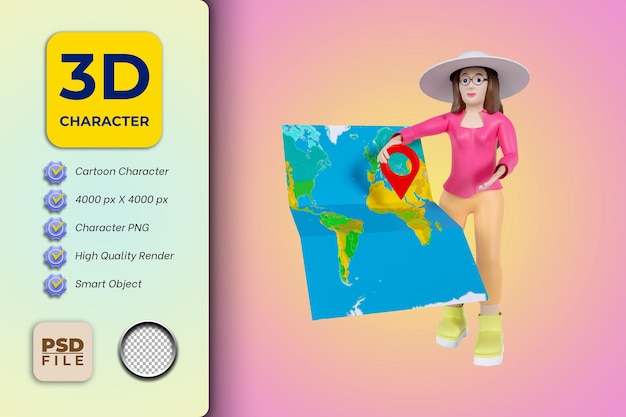 3D женский персонаж мультфильма, держащий значок местоположения на карте