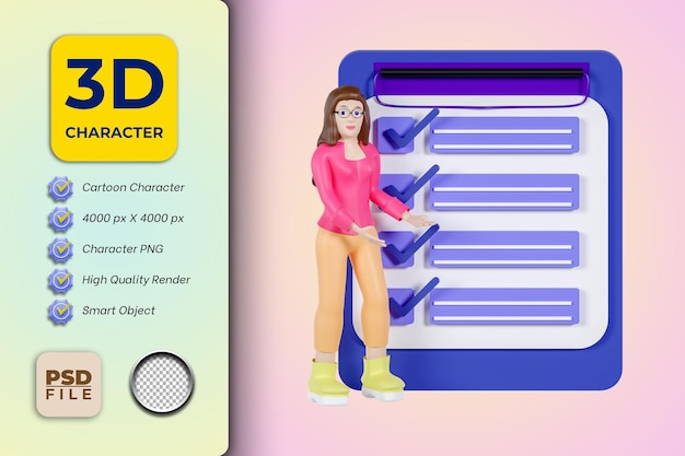 3d женская мультяшная поза с экзаменом на анкету, чтобы сделать заметки в списке