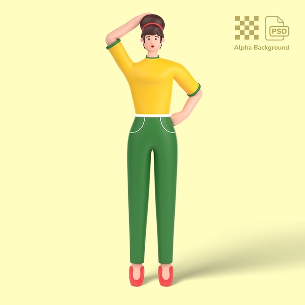 3d 여성 캐릭터가 허리에 손을 잡고 혼란스럽고 짜증이 난다.