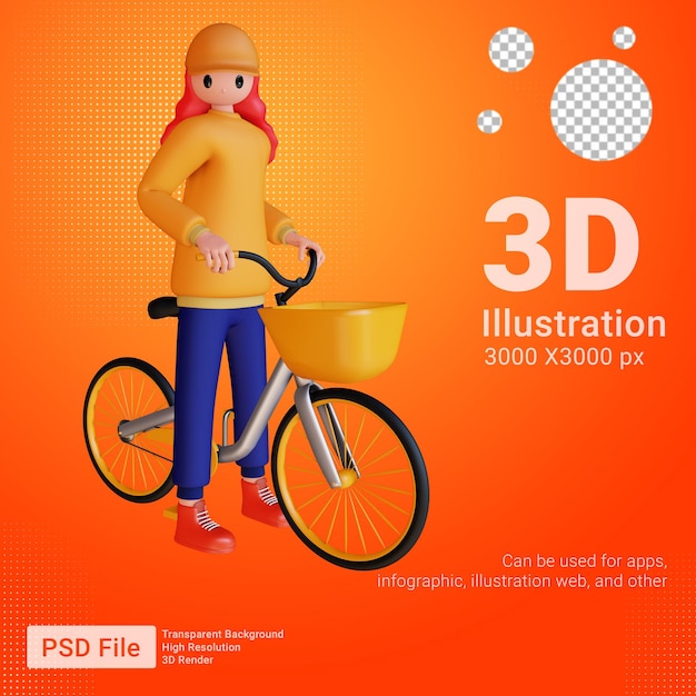 自転車に乗る準備をしている3d女性キャラクター