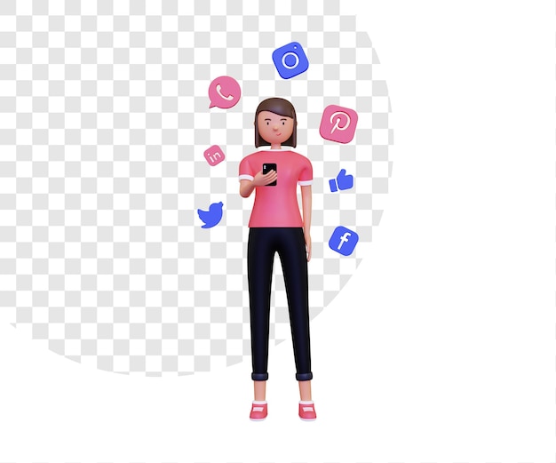 Il personaggio femminile 3d sta usando i social media