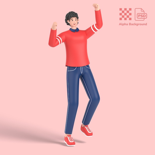 3d female character jumping and celebrates success