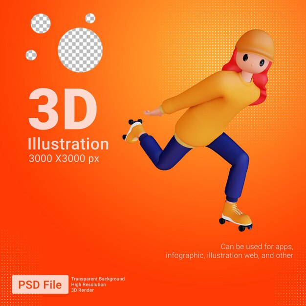 フリースタイルローラーブレードを再生する3d女性キャラクター