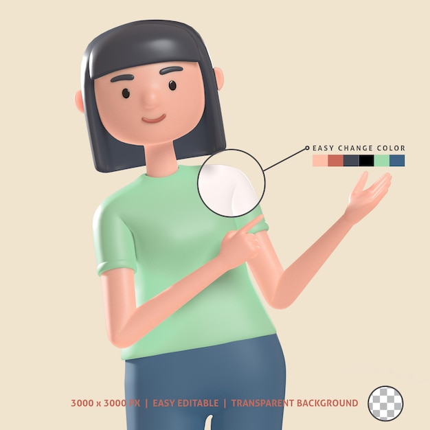 3d 여성 캐릭터 포인팅 및 상단 3d 렌더링 포인팅 그림 옆에 무언가 추천