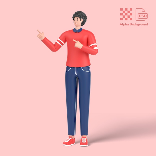 3d female character pointing with two hands and fingers to the side