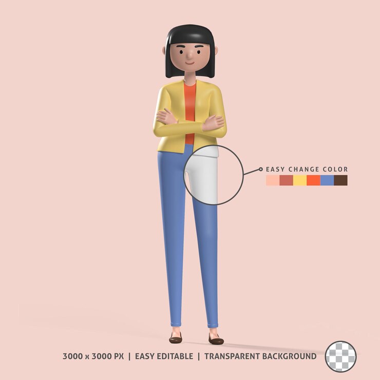 PSD 3d female character posing with crossed arms 3d render crossed arm illustration
