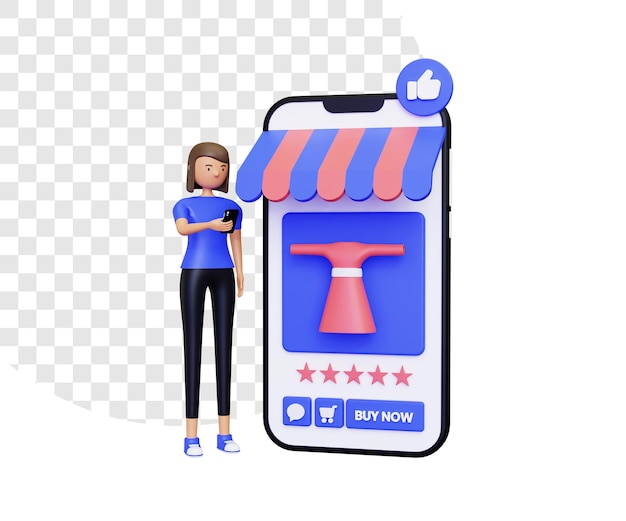 Personaggio femminile 3d che fa shopping nel commercio elettronico