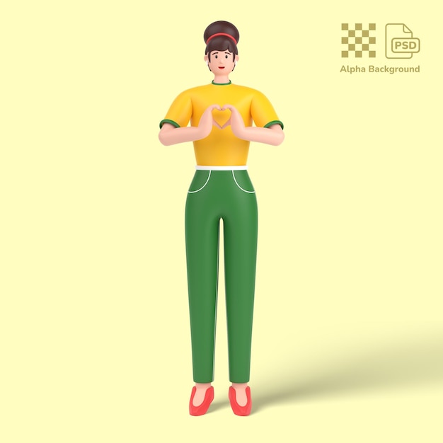 3d female character showing heart with two hands love sign