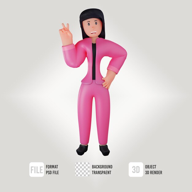 PSD 3d female character showing peace sign