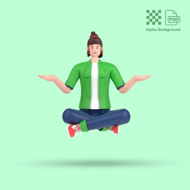 PSD 3d female character sitting in yoga meditation pose with open palm showing copy space