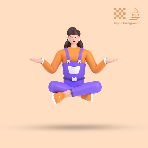 PSD 3d female character sitting in yoga meditation pose with open palm showing copy space