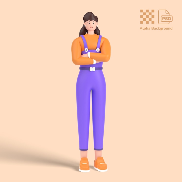 PSD 3d female character standing and thinking with arms crossed pose