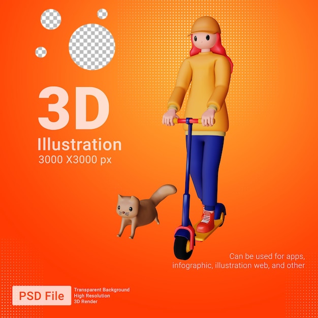 Personaggio femminile 3d e gatto che cammina