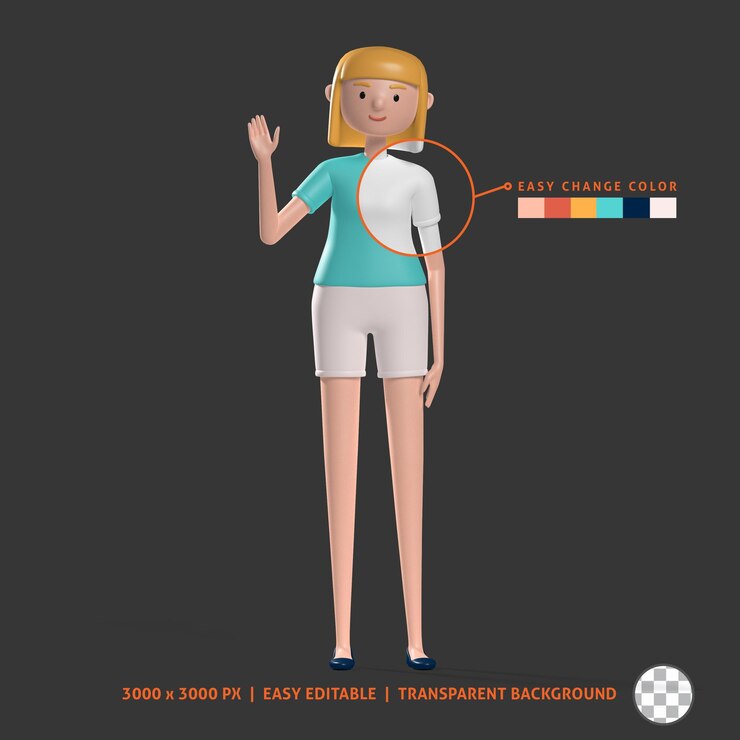 PSD 3d female character waving hand wearing casual outfit