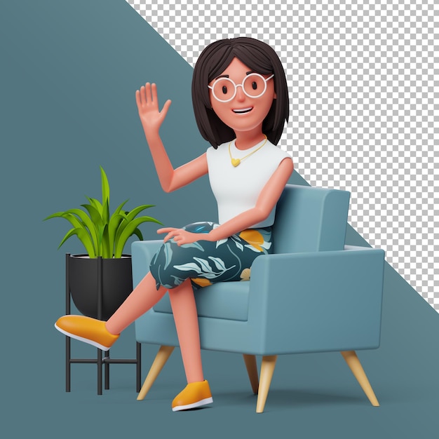 椅子に座って手を振っている3d女性キャラクター