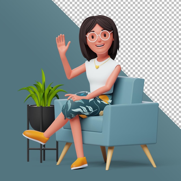 PSD 3d female character waving while sitting in chair