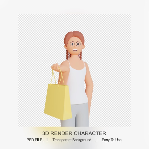 3d female character with shopping bag