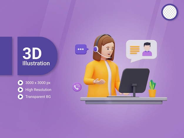 PSD 3d исполнительная иллюстрация женского обслуживания клиентов