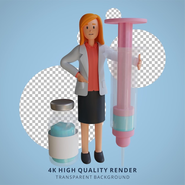 3d female doctor carrying a large vaccine injection character illustration