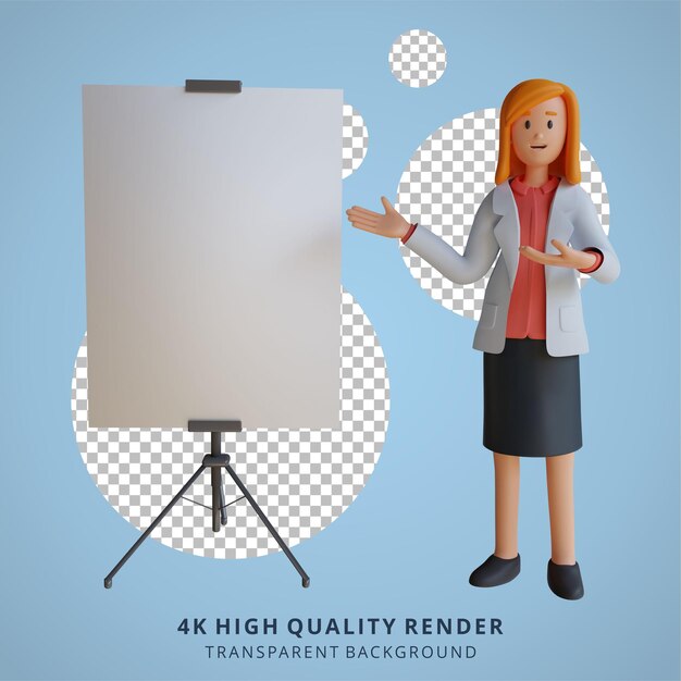 PSD 3d female doctor presenting with the board character illustration