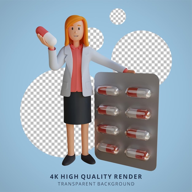 3d female doctor was carrying drugs in tablet capsule character illustration