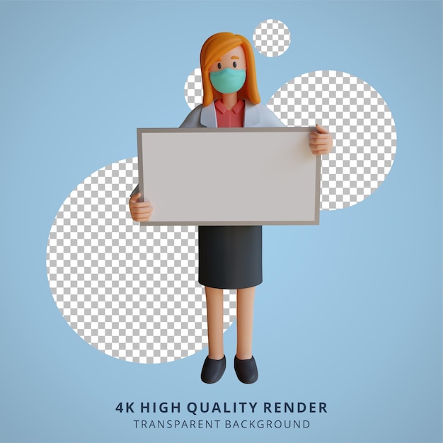 3d female doctor wearing a mask holding a blank white board character design illustration