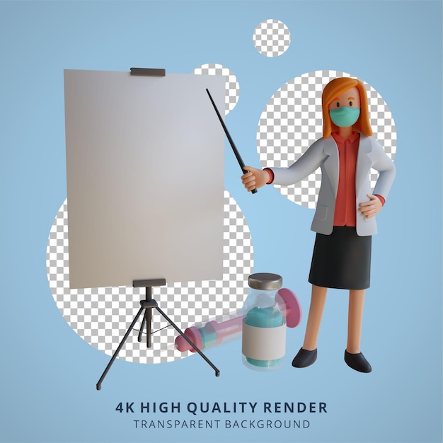 PSD 3d female doctor wearing a mask presenting a blank white sheet character design illustration