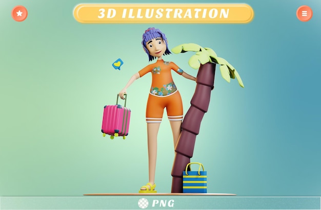 PSD 3d female summer with suitcase