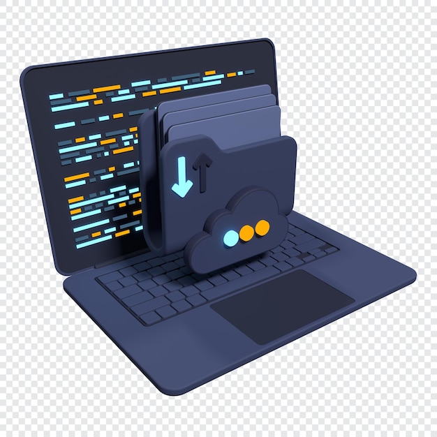 3d file folder on laptop screen Laptop and files Document folder Storage share data 3d rendering illustration