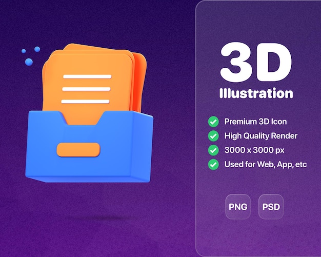 PSD 세련되고 실용적인 파일 홀더 아이콘 디자인의 3d 파일 홀더 일러스트레이션 렌더링