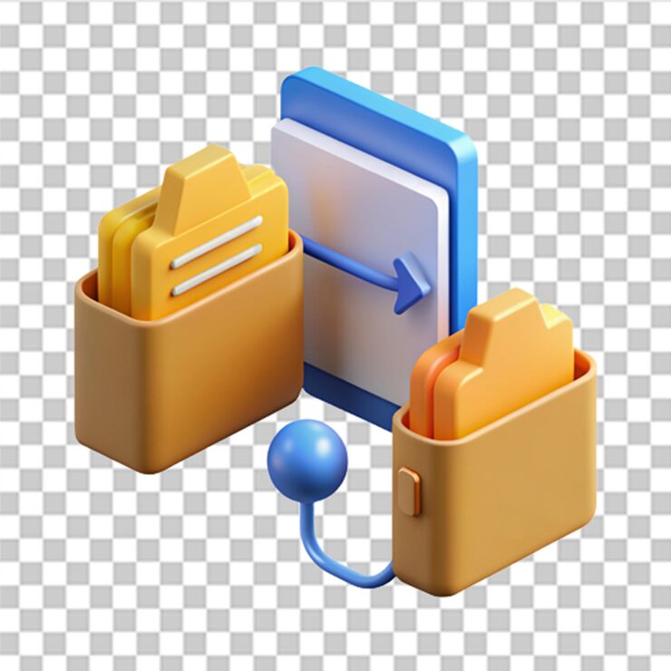 PSD 3d 파일 전송 일러스트: 암호화된 형태로 전송된 파일, 문서와 파일이 전송된 두 개의 폴더, 정보 백업, 데이터 암호화 보호 연결, 3d 스타일의 터