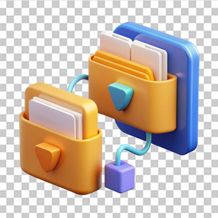 PSD 3d 파일 전송 일러스트: 암호화된 형태로 전송된 파일, 문서와 파일이 전송된 두 개의 폴더, 정보 백업, 데이터 암호화 보호 연결, 3d 스타일의 터