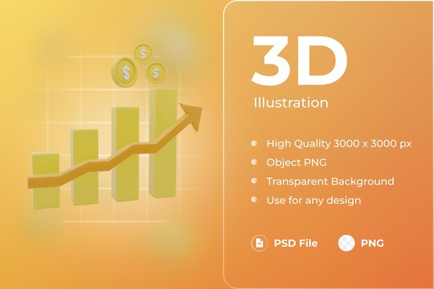 PSD 3 d 金融アイコン成長棒グラフの矢印とコイン