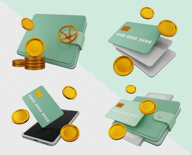 3d finance set monete d'oro carte di credito portafoglio pagamento mobile