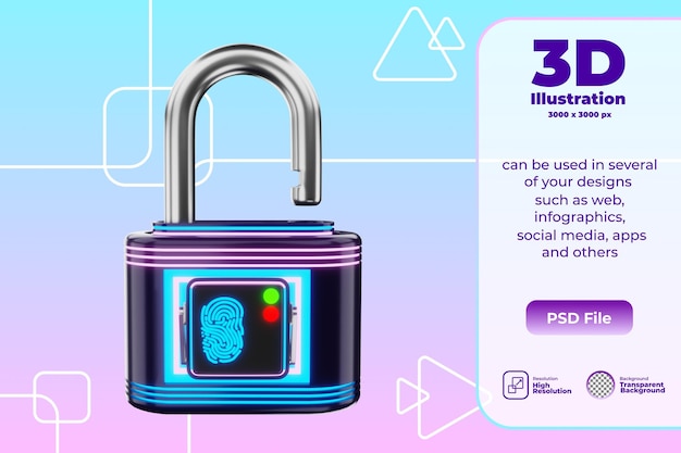 PSD illustrazione dell'icona di blocco dell'impronta digitale 3d