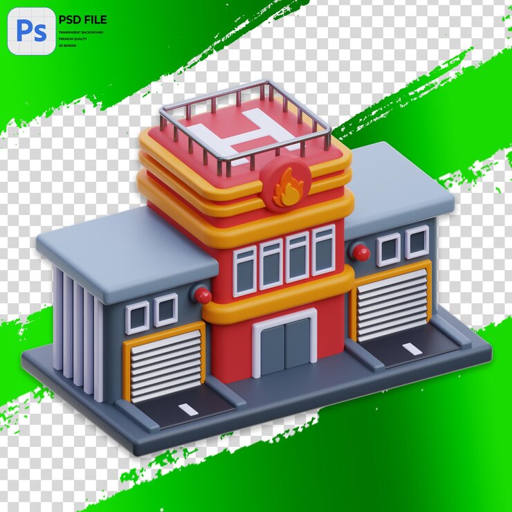 PSD 3d fire station building illustration render icon isolated png