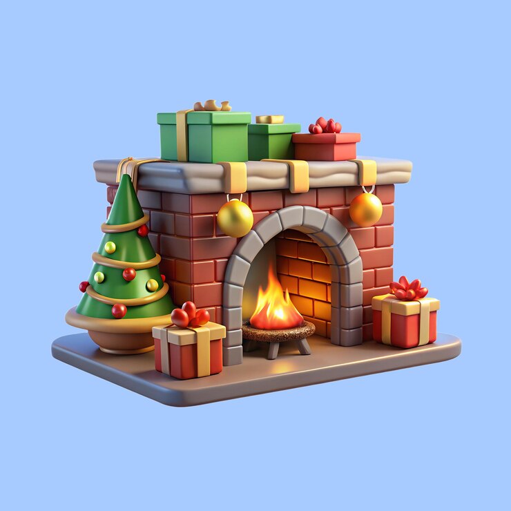 PSD 3d fireplace with christmas decorations