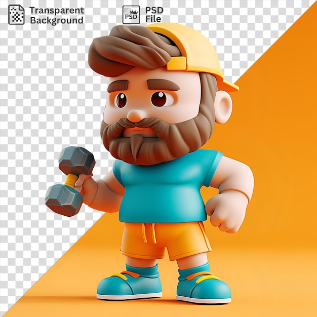 3d fitness trainer cartoon leading an energetic workout with a toy and orange wall in the background the trainer wears a yellow hat and orange pants and has a large nose and brown eye