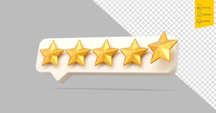 PSD 3d five golden shiny rating stars symbol with 3d white chat icon on white background 3d illustration