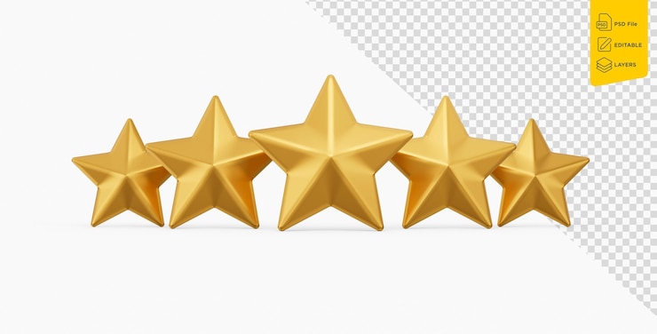 PSD 3d five golden shiny rating stars symbols isolated on white background 3d illustration