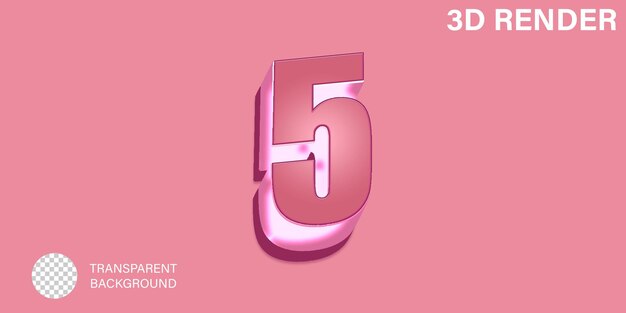 3d Five Number 5 Pink color isolated on transparent background
