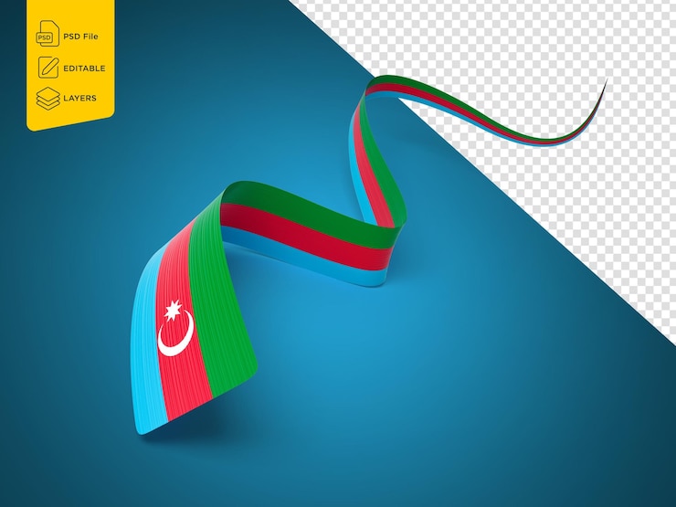 PSD 3d флаг азербайджана 3d волнистая блестящая азербайджанская лента изолирована на синем фоне 3d иллюстрация