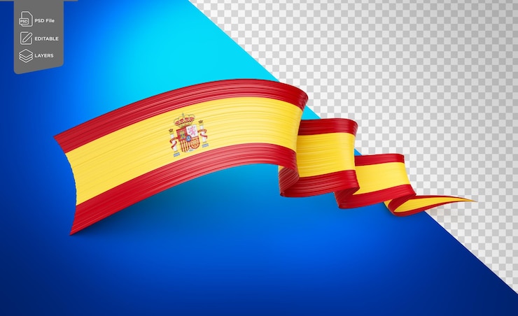 PSD 3d flag of spain 3d shiny waving twisted ribbon flag on white background 3d illustration
