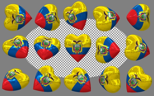 3D flaga serca Ekwadoru izolowana różne pozycje 3D rendering