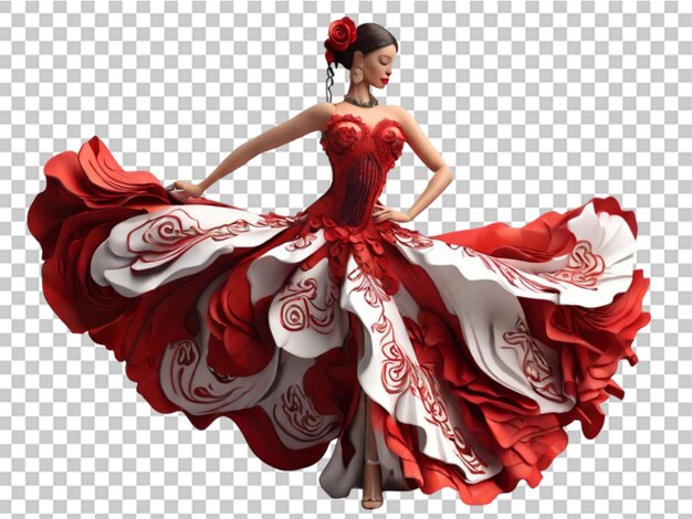 PSD 3d flamenco dancer in beautiful dress on transparent background