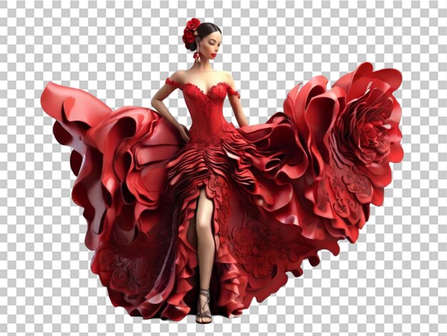 PSD ballerina di flamenco 3d in un bellissimo vestito su uno sfondo trasparente