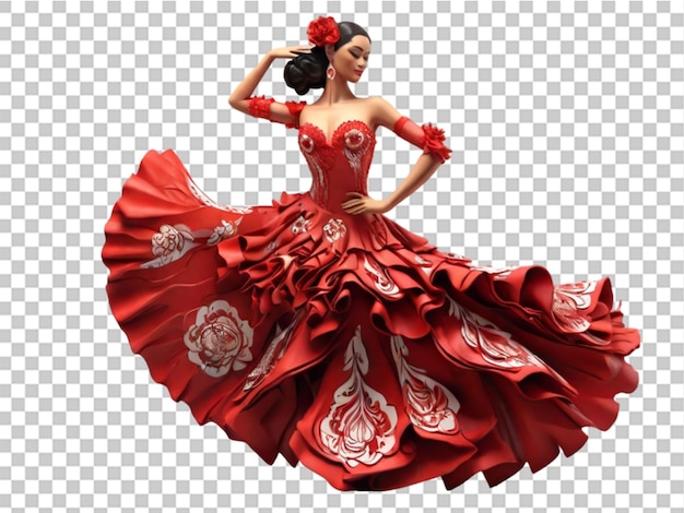 PSD 3d flamenco danseres in een mooie jurk op een doorzichtige achtergrond