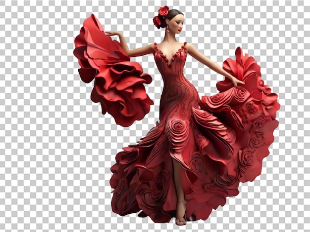 PSD 3d flamenco danseres in een mooie jurk op een doorzichtige achtergrond